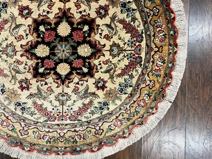 Silk Persian Tabriz Round Rug 3x3 Ft Hand Knotted Carpet Cream Gold Floral Birds