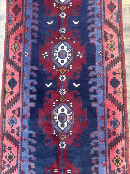 Persian Karajeh Runner Rug 3.6 x 9.5, Geometric Medallions, Tribal Village Rug, Navy Blue, Handmade