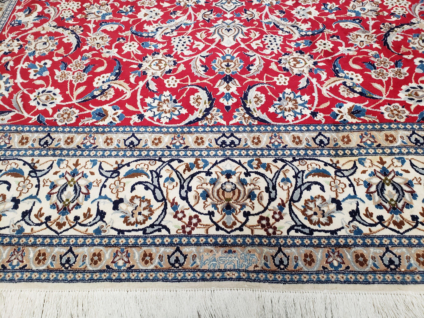 Persian Nain Rug 8x12, Red and Ivory, Signed