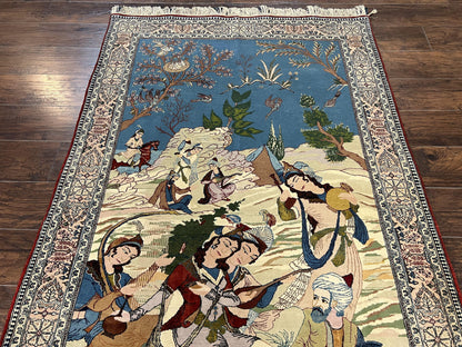 Persian Qum Pictorial Rug Vintage 5x7 Hand Knotted Wool and Silk