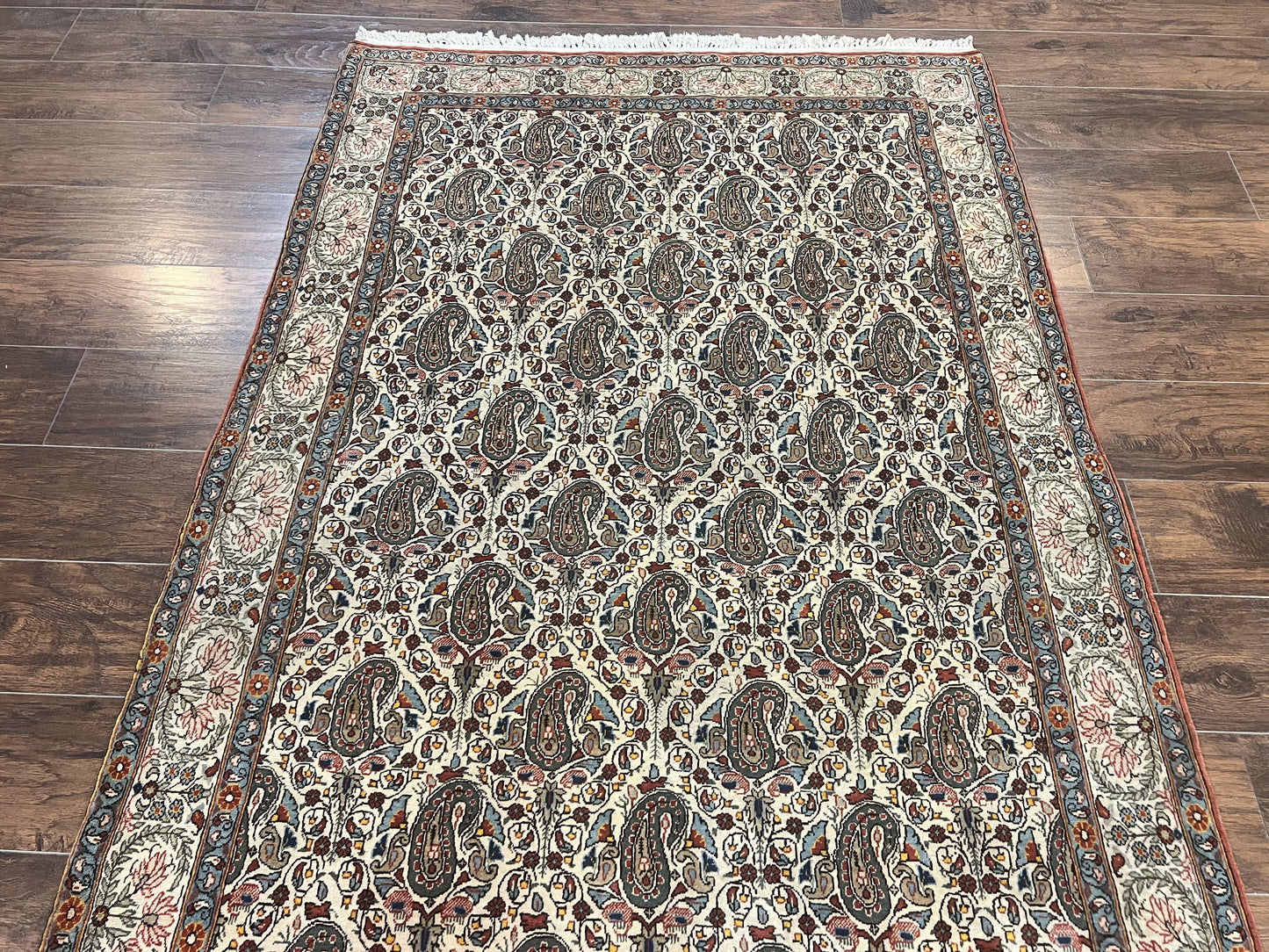 Persian Qum Rug 5x6 Cream Wool Hand Knotted Carpet With Repeated Boteh Paisley Design Semi Antique Vintage