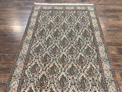 Persian Qum Rug 5x6 Cream Wool Hand Knotted Carpet With Repeated Boteh Paisley Design Semi Antique Vintage