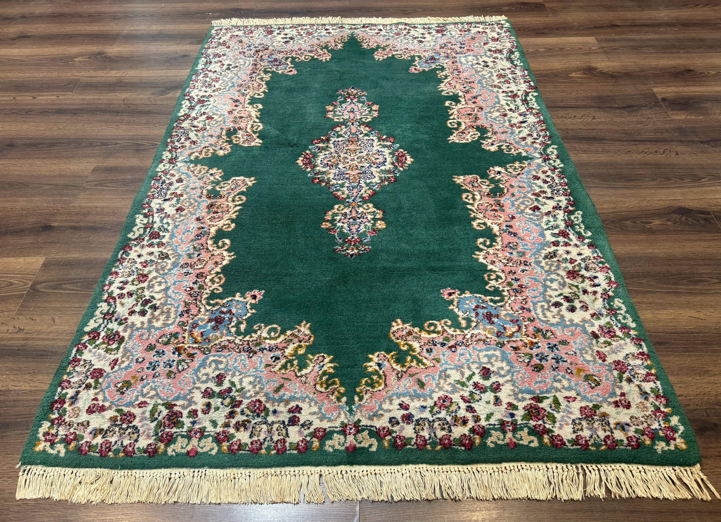 Persian Kerman Rug 4x6 Vintage Wool Green Ivory Pink Medallion Semi Open Field