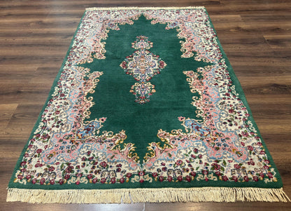 Persian Kerman Rug 4x6 Vintage Wool Green Ivory Pink Medallion Semi Open Field