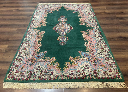 Persian Kerman Rug 4x6 Vintage Wool Green Ivory Pink Medallion Semi Open Field