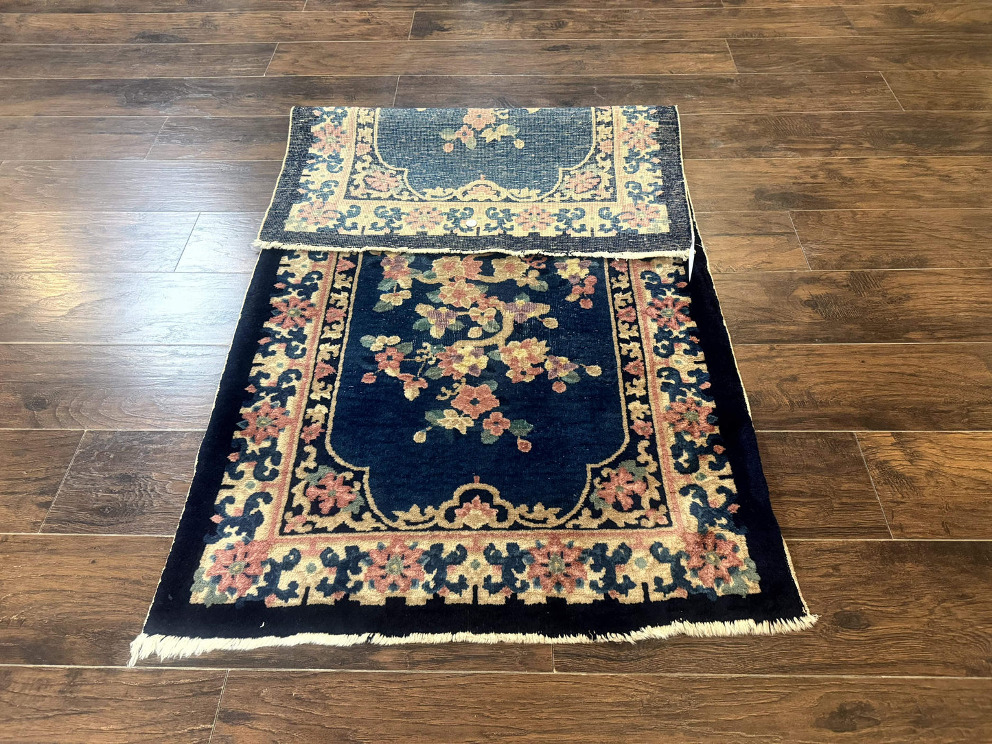 Blue And Beige Chinese Wool Rug 3x6 Peking Antique Hand Knotted Carpet