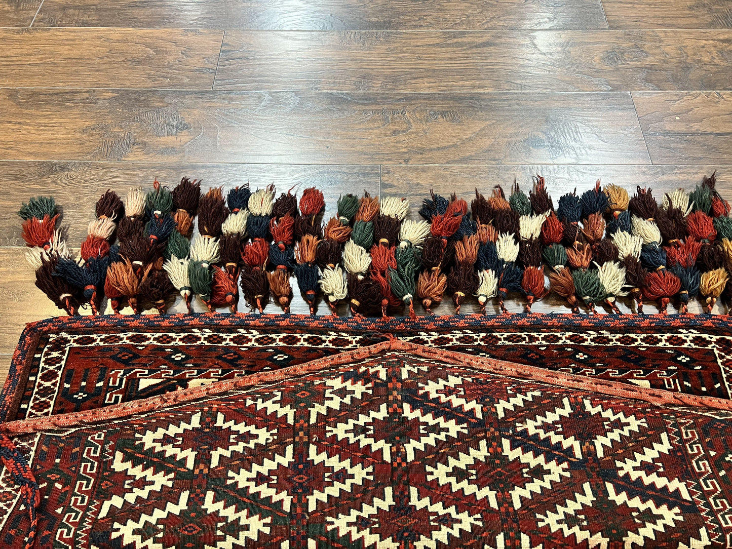 Antique Turkoman Camel Trapping Rug Hand Knotted Asmalyk Red Black Ivory