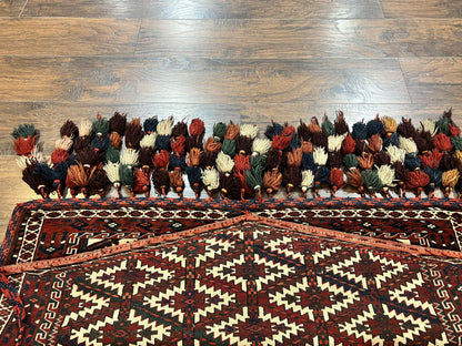 Antique Turkoman Camel Trapping Rug Hand Knotted Asmalyk Red Black Ivory