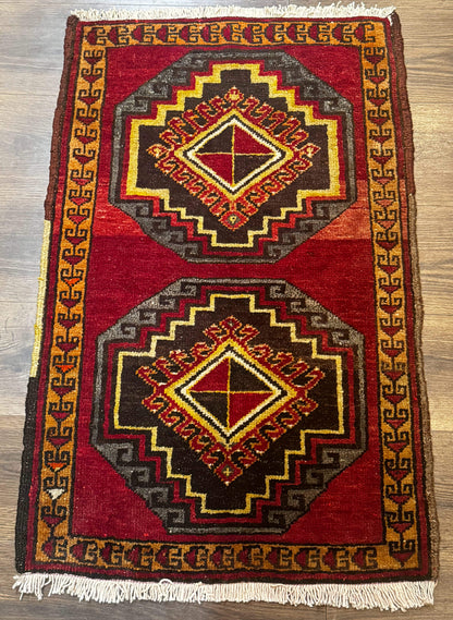 Turkish Yastik Rug 2x3 Antique Red Wool With Double Medallions Geometric Design
