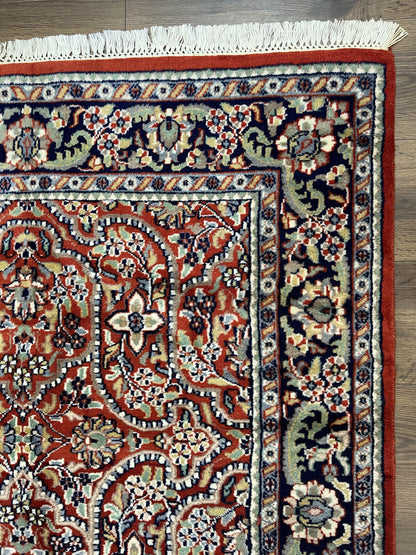 Indo Persian Rug 4x7, Allover Floral Oriental Carpet, Red and Navy Blue, Hand Knotted Indian Kashmiri Traditional Vintage Area Rug 4 x 7 ft