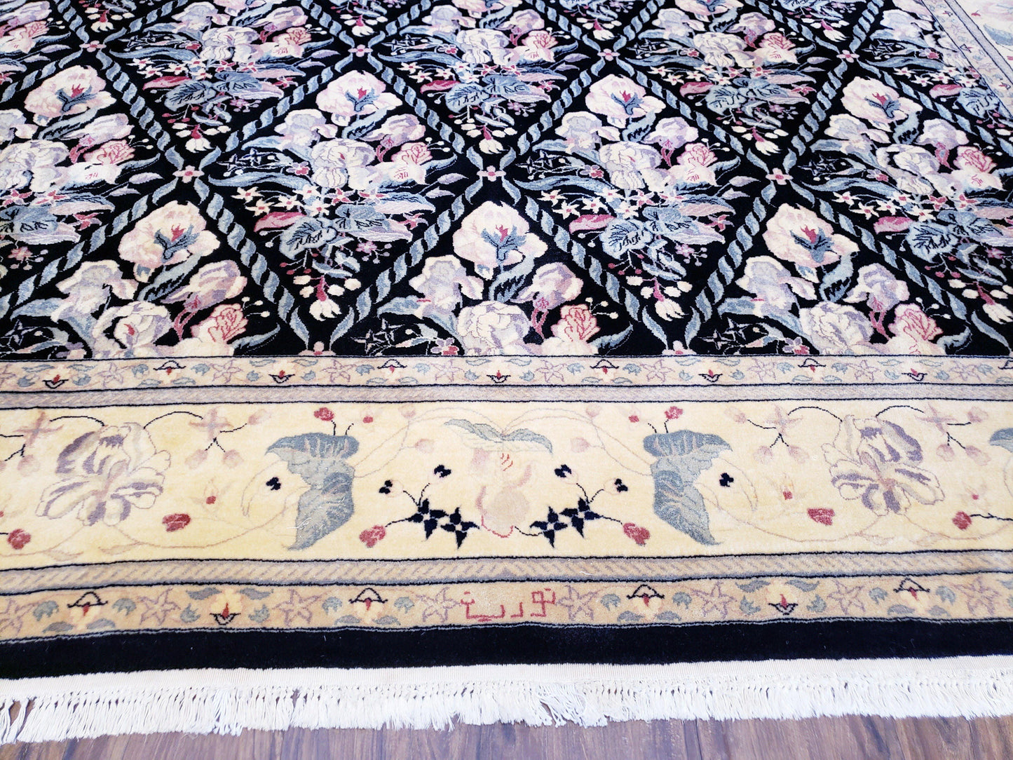 Black Kirman Rug, 8x11 - 9x12 Rug, Sino-Persian Rug, Floral Oriental Carpet, Handmade Rug, Black and Ivory Rug, Room Sized Area Rug, Wool