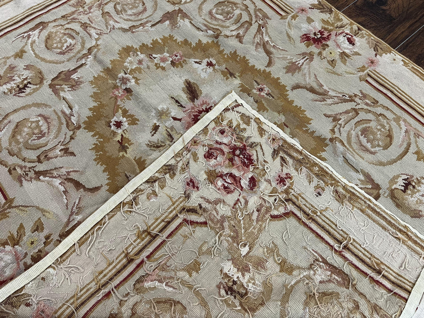 Aubusson Needlepoint Rug 4x5 Ft Beige Tan Vintage Wool Floral Rose European Design