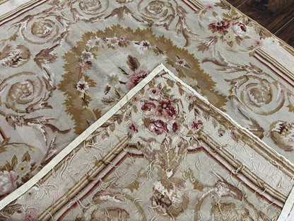 Aubusson Needlepoint Rug 4x5 Ft Beige Tan Vintage Wool Floral Rose European Design