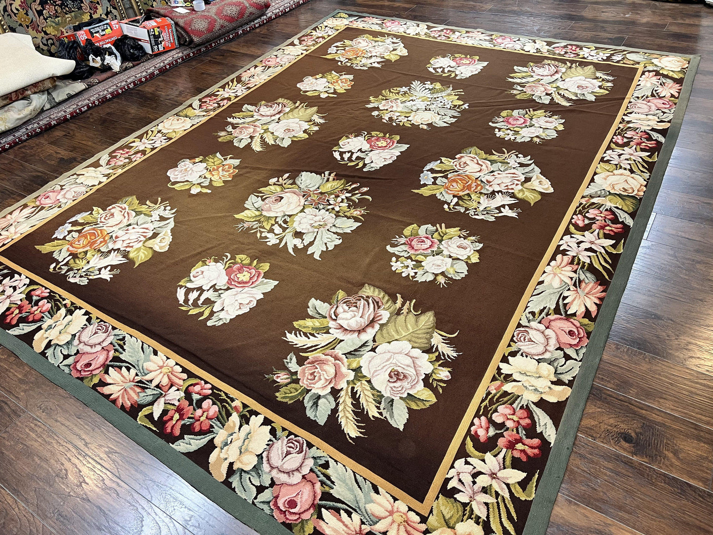 Vintage Needlepoint Rug 9x12 Handmade Wool Carpet With Floral Bouquets European Design