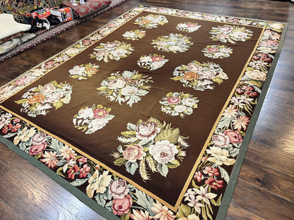 Vintage Needlepoint Rug 9x12 Handmade Wool Carpet With Floral Bouquets European Design