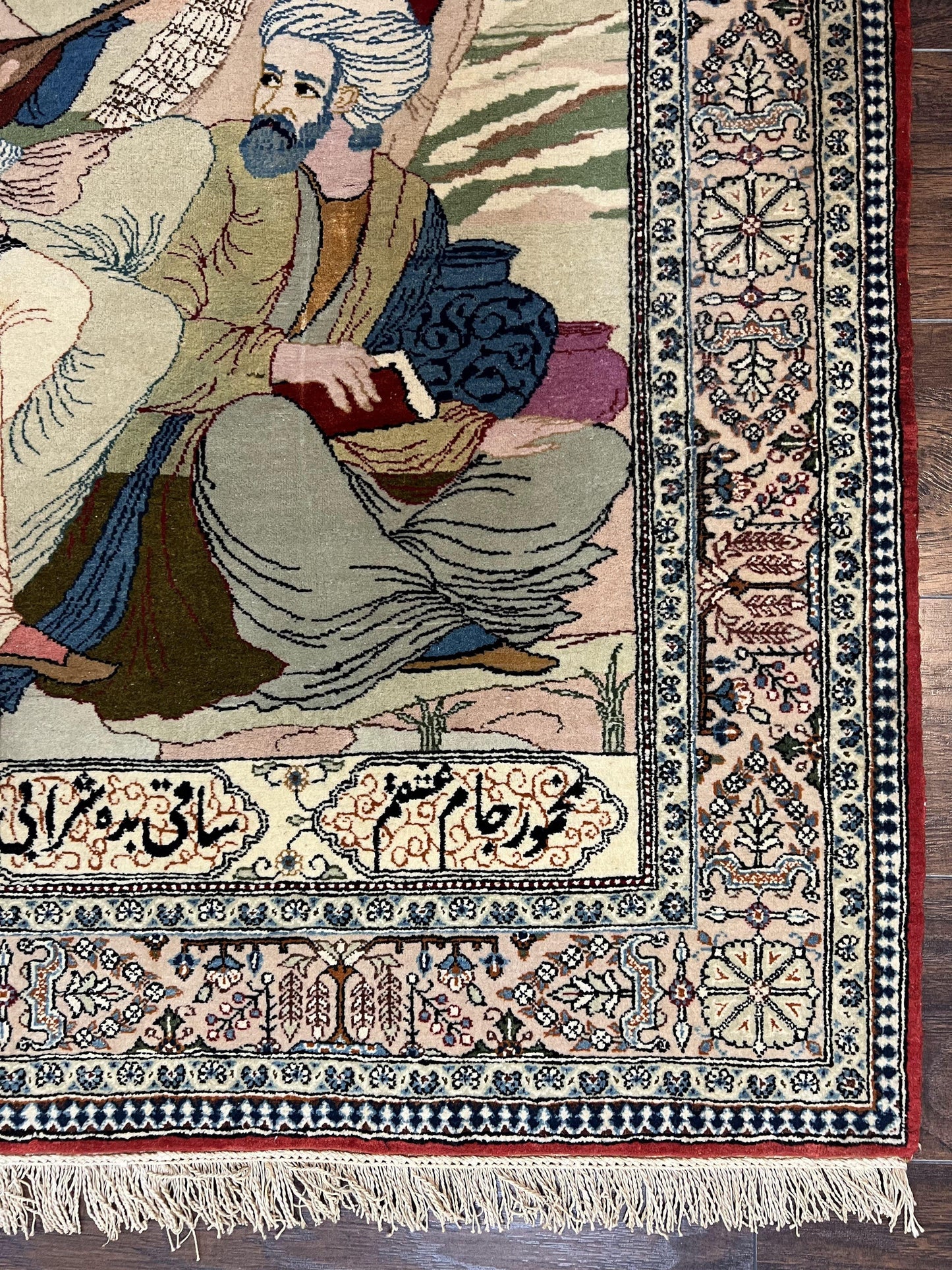 Persian Qum Pictorial Rug Vintage 5x7 Hand Knotted Wool and Silk