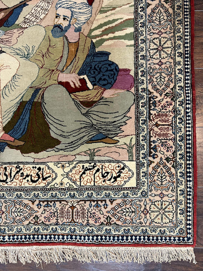 Persian Qum Pictorial Rug Vintage 5x7 Hand Knotted Wool and Silk