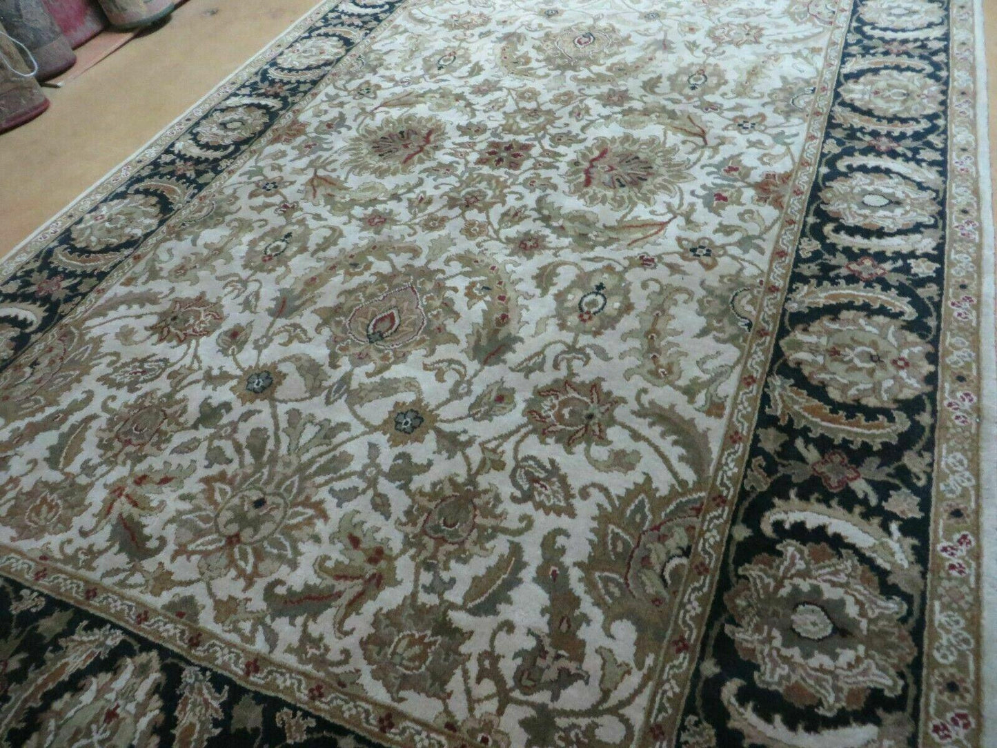Vintage Handmade Rug Jaipur India Floral Oriental Design Tea Wash 6x9 Feet Hand Tufted