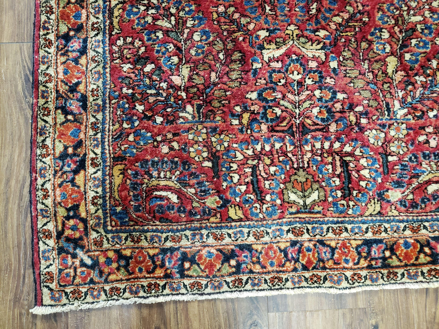 Antique Persian Sarouk Rug, Red, Allover Floral Pattern, Hand-Knotted, Wool, 3'4" x 4'10"