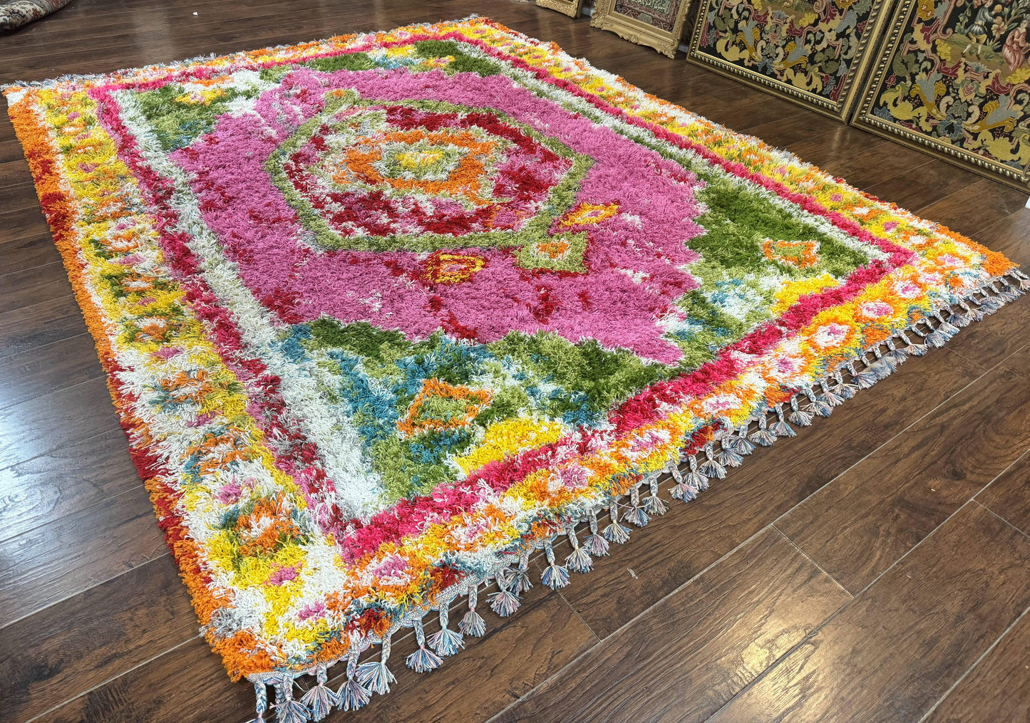 Colorful Shag Rug 8x10 Wool Area Rug In Fuchsia And Multicolor Vintage Power Loomed