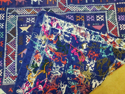 3' X 7' Vintage Handmade Indian Wool Kilim Flat weave Rug Camel Birds Blue Geometric Short Runner