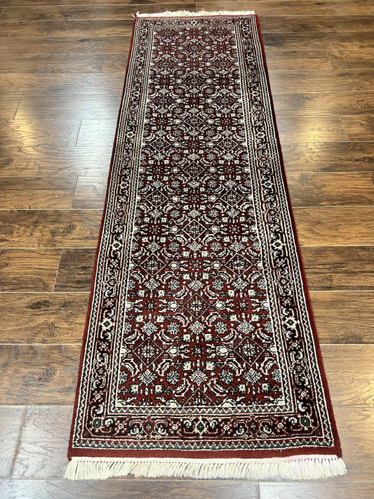 Indo Persian Runner Rug 2.7 x 8, Wool Hand Knotted Vintage Carpet, Red Black, Herati Allover Pattern, Oriental Runner, Rug for Hallway