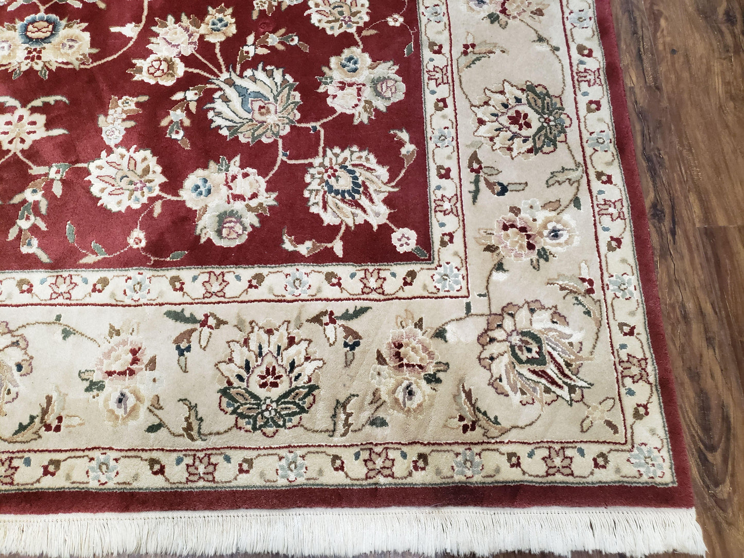 Vintage Traditional Oriental Area Rug, Hand-Knotted, Wool & Silk Accents, Maroon Red and Beige, 6x9 Carpet, 5' 9" x 9'