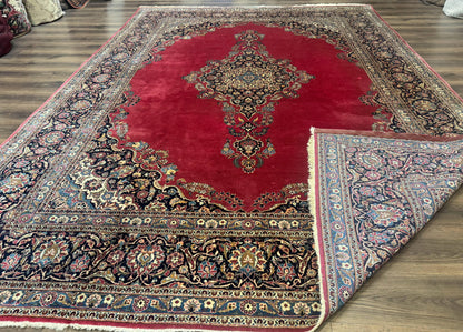 Persian Kashan Rug 9x12, Traditional, Semi Open Field, Red, Signed By Master Weaver, Antique Rug