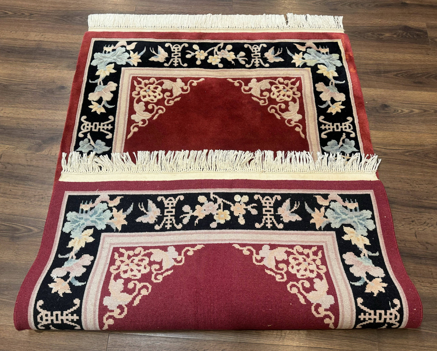 Chinese Wool Rug Handmade 4x6 Dark Red 90 Line Carving Hand Knotted