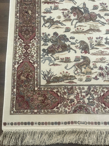 Turkish Silk Runner Rug 2.6 x 8, Hunting Design, Ivory, Bamboo Silk, New