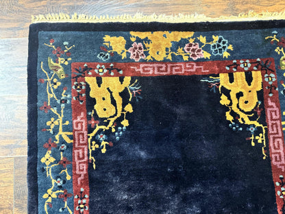 Antique Peking Rug 3x6 Handmade Wool Bird Motif Blue Chinese Legacy Carpet