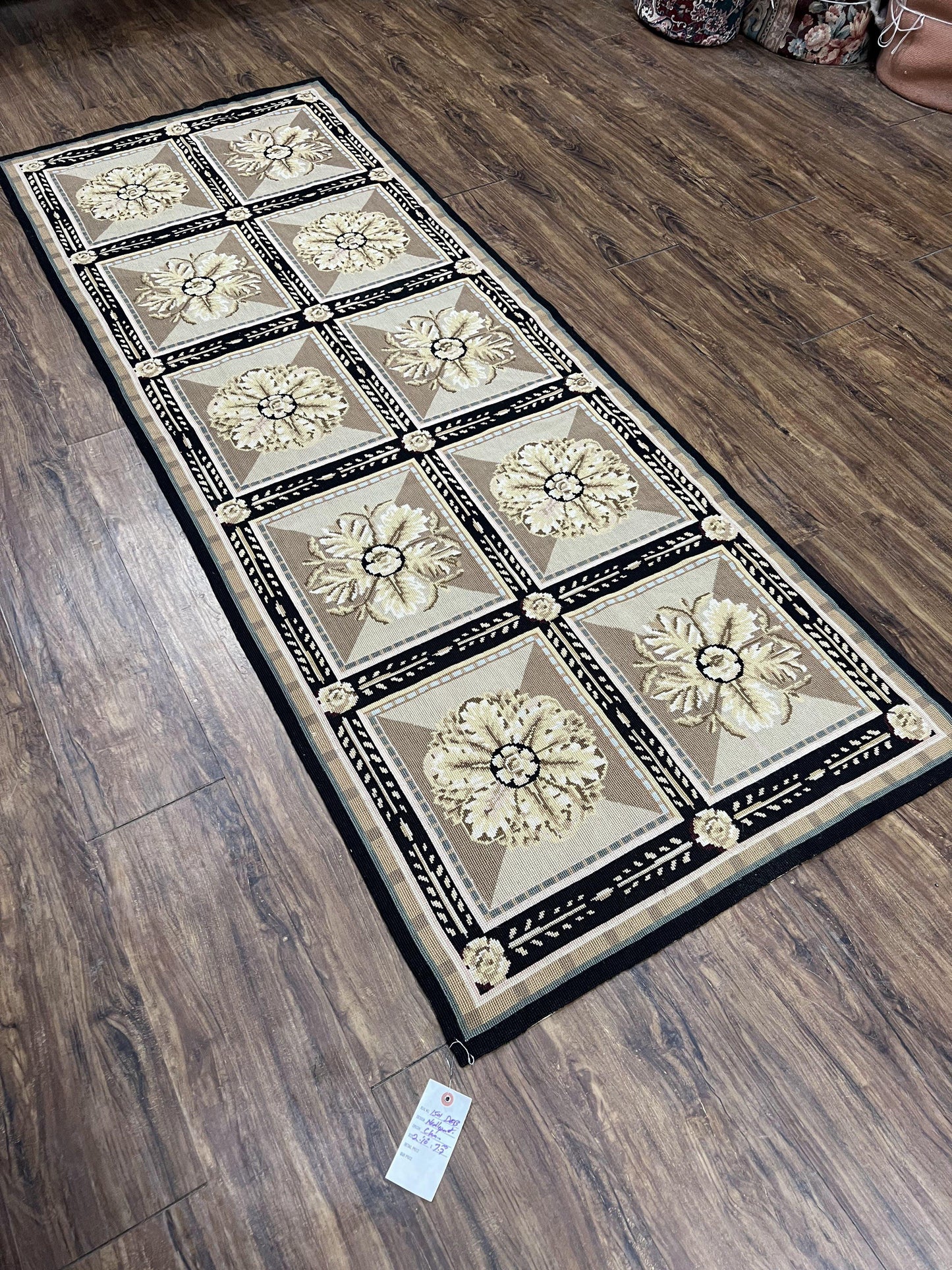 Needlepoint Runner Rug 3x8 Panel Design Rug, Flatweave Runner Rug, English Design, Floral, Short Runner Rug, Black and Beige Wool Hand-Woven