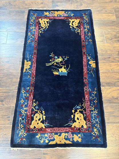 Antique Chinese Peking Rug 3x6 Handmade Wool Bird Motif Dark Blue Oriental Carpet