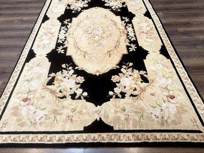 Aubusson Rug Chinese Wool 6x9 Black Floral Elegant Hand Knotted