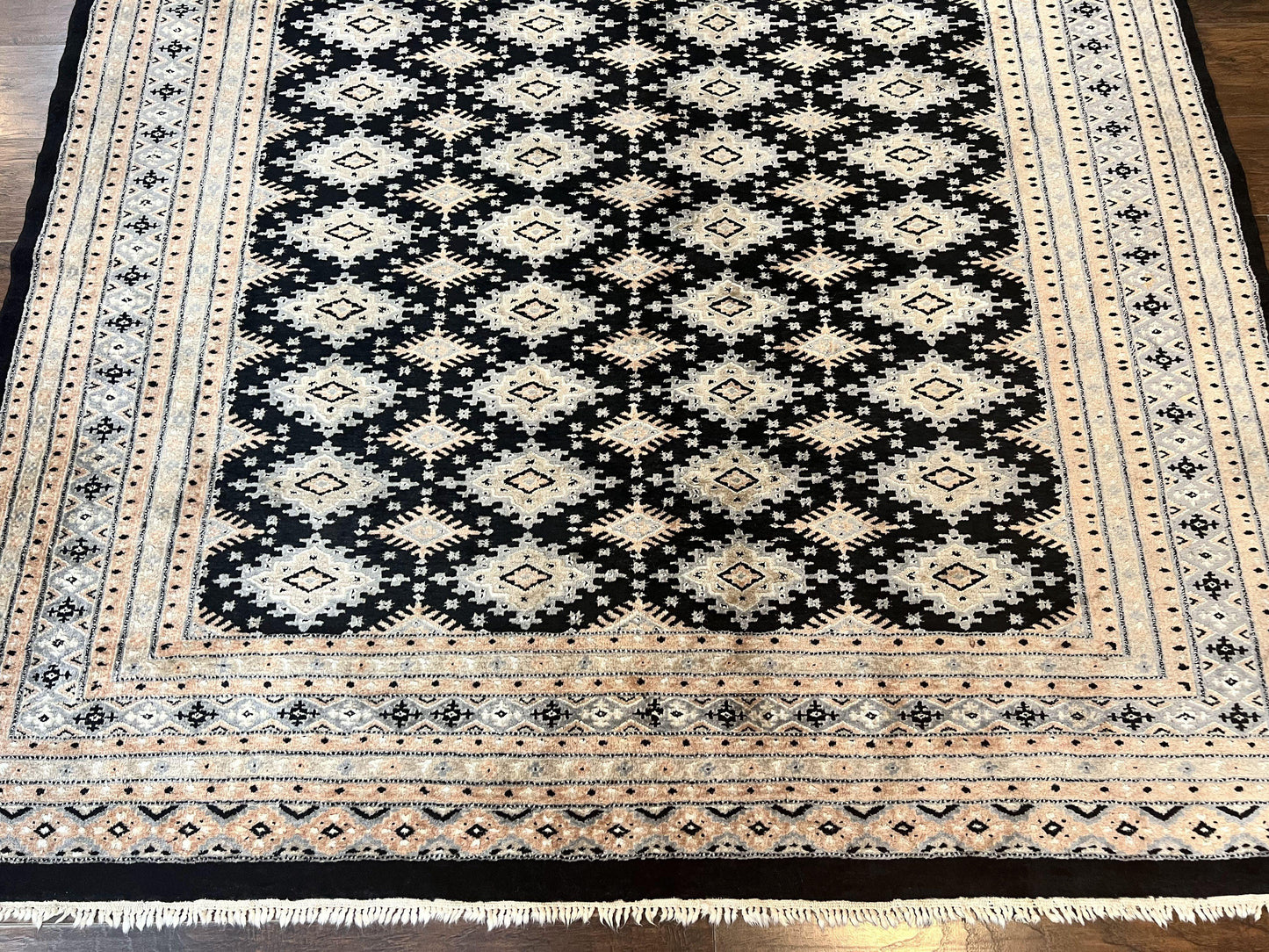 Pakistani Bokhara Rug 6x9, Hand Knotted Vintage Wool Carpet with Silk Highlights, Very Fine 320 KPSI, Medium Size