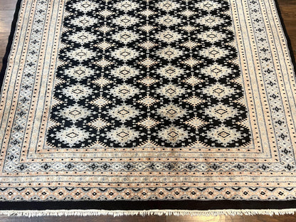 Pakistani Bokhara Rug 6x9, Hand Knotted Vintage Wool Carpet with Silk Highlights, Very Fine 320 KPSI, Medium Size