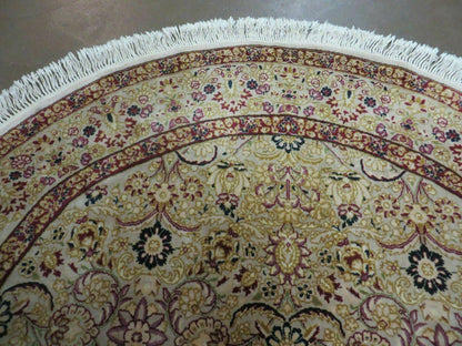 Handmade Indian Wool Rug 6ft Round Silk Accent Carpet With Rich Colors