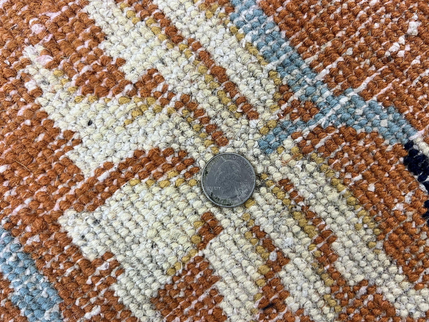 Indo Chinese Rug 9x12, Asian Oriental Carpet 9 x 12, Cream & Burnt Orange, Handmade Wool Vintage Art Deco Rug