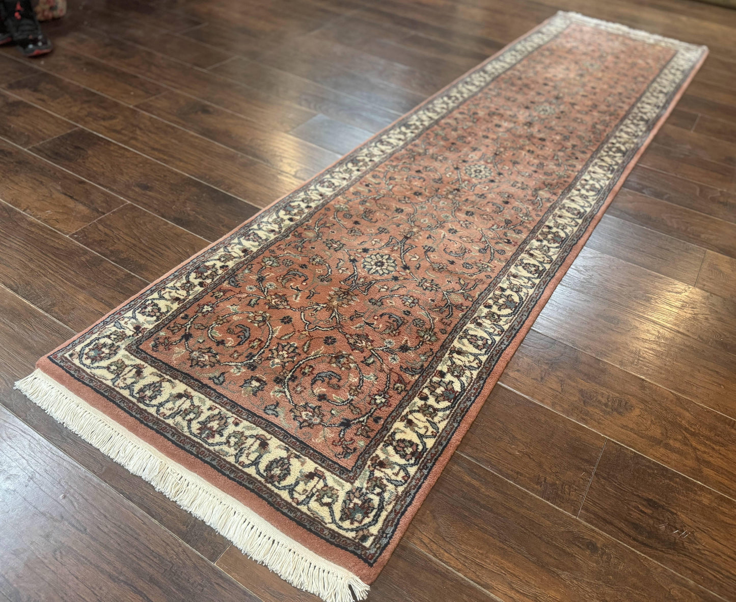 Indo Persian Runner Rug 2.6 x 10, Coral and Cream, Hand Knotted 10ft Wool Oriental Runner for Hallway or Kitchen