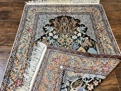 Persian Isfahan Rug 3.7x5 Kork Wool On Silk Tree Of Life Vase Peacocks Very Fine 460 KPSI