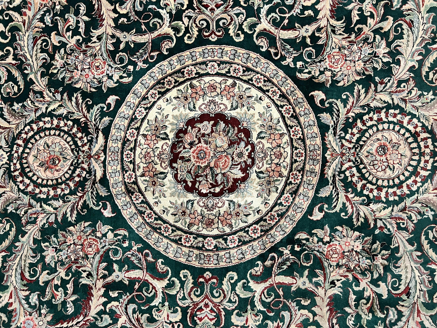 Persian Rug 9x12 Dark Green Cream Floral Medallion Handmade Wool Carpet