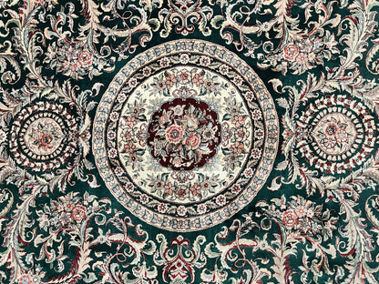Persian Rug 9x12 Dark Green Cream Floral Medallion Handmade Wool Carpet