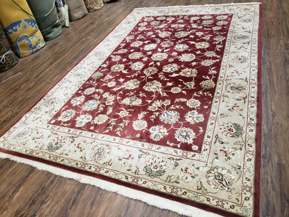 Vintage Traditional Oriental Area Rug, Hand-Knotted, Wool & Silk Accents, Maroon Red and Beige, 6x9 Carpet, 5' 9" x 9'