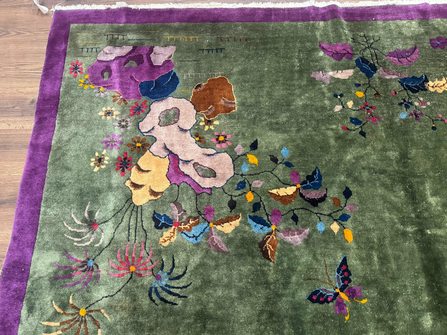 Antique Chinese Nichols Rug 9x12 Rare Green and Purple Art Deco Carpet