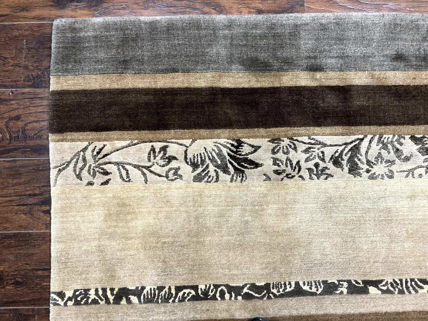 Tibetan Nepali Rug Handmade Wool With Silk Highlights And Stripe Pattern 8x12