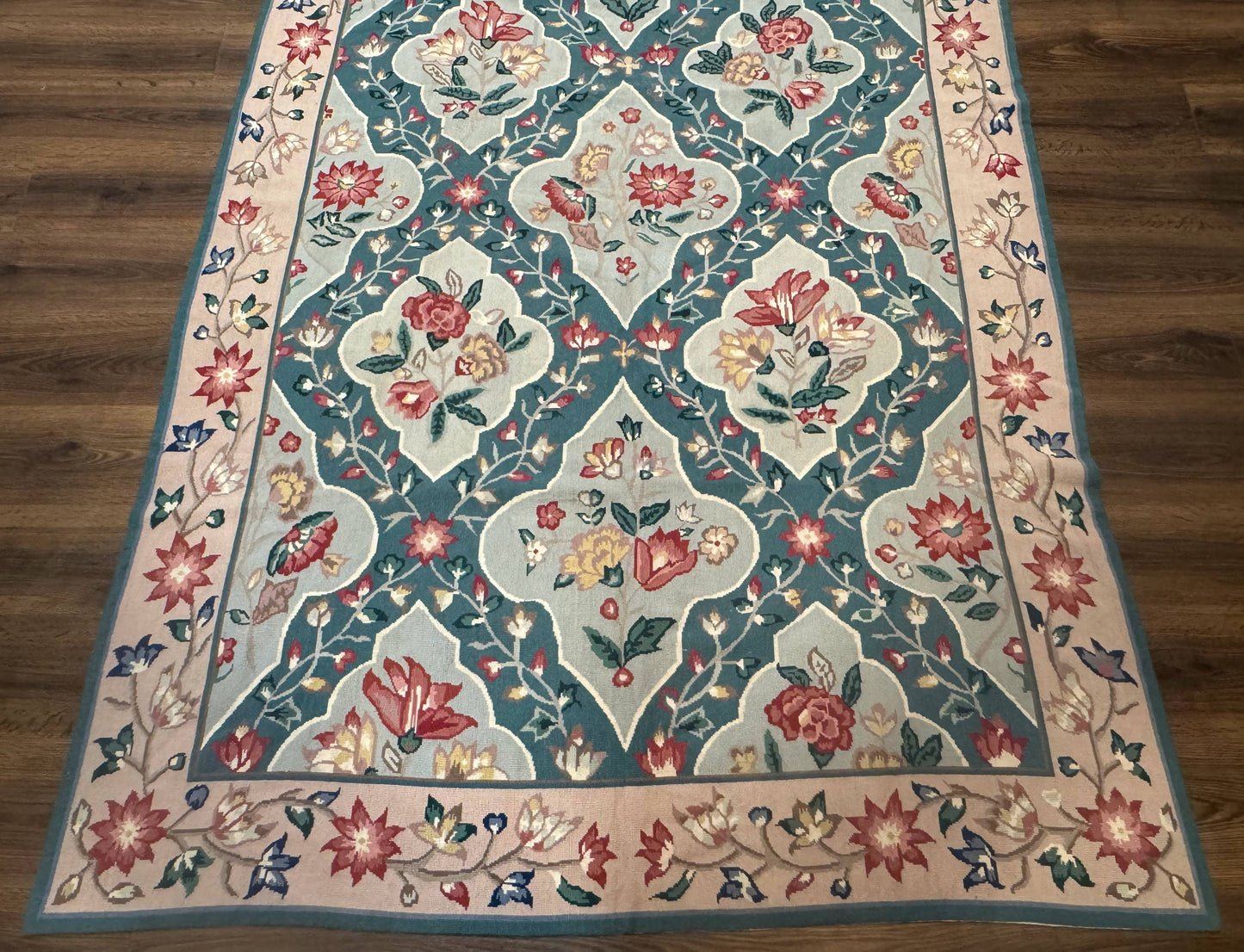 Teal Needlepoint Rug 6x9, Panel Design, Floral Bouquets, Handmade