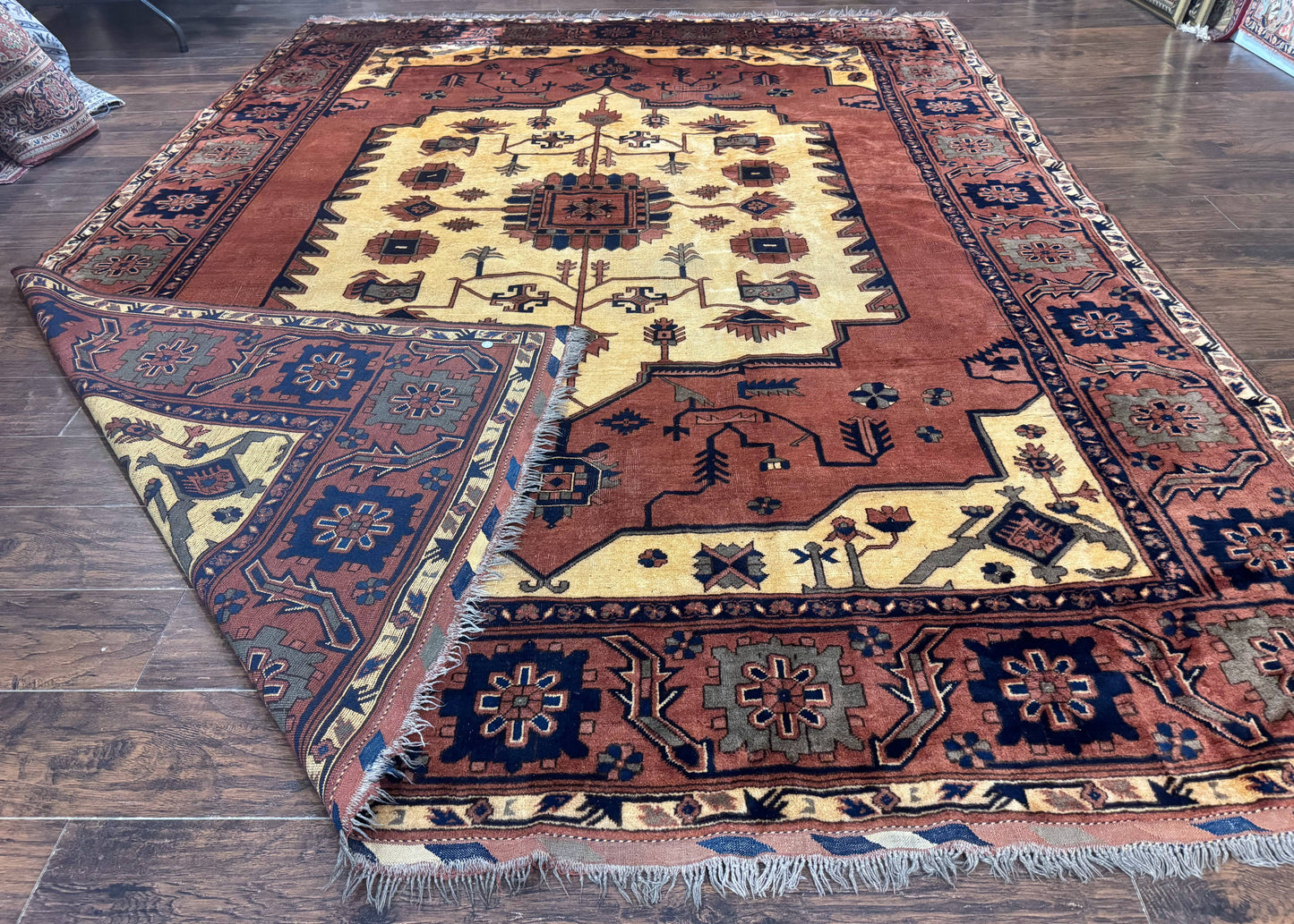 Afghan Heriz Rug 9x12 Vintage Hand Knotted Wool Carpet Tribal Geometric Serapi Rust Cream Navy