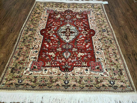 Vintage Indian Agra Wool Rug Red Beige Allover Oriental Design For Traditional Home Decor