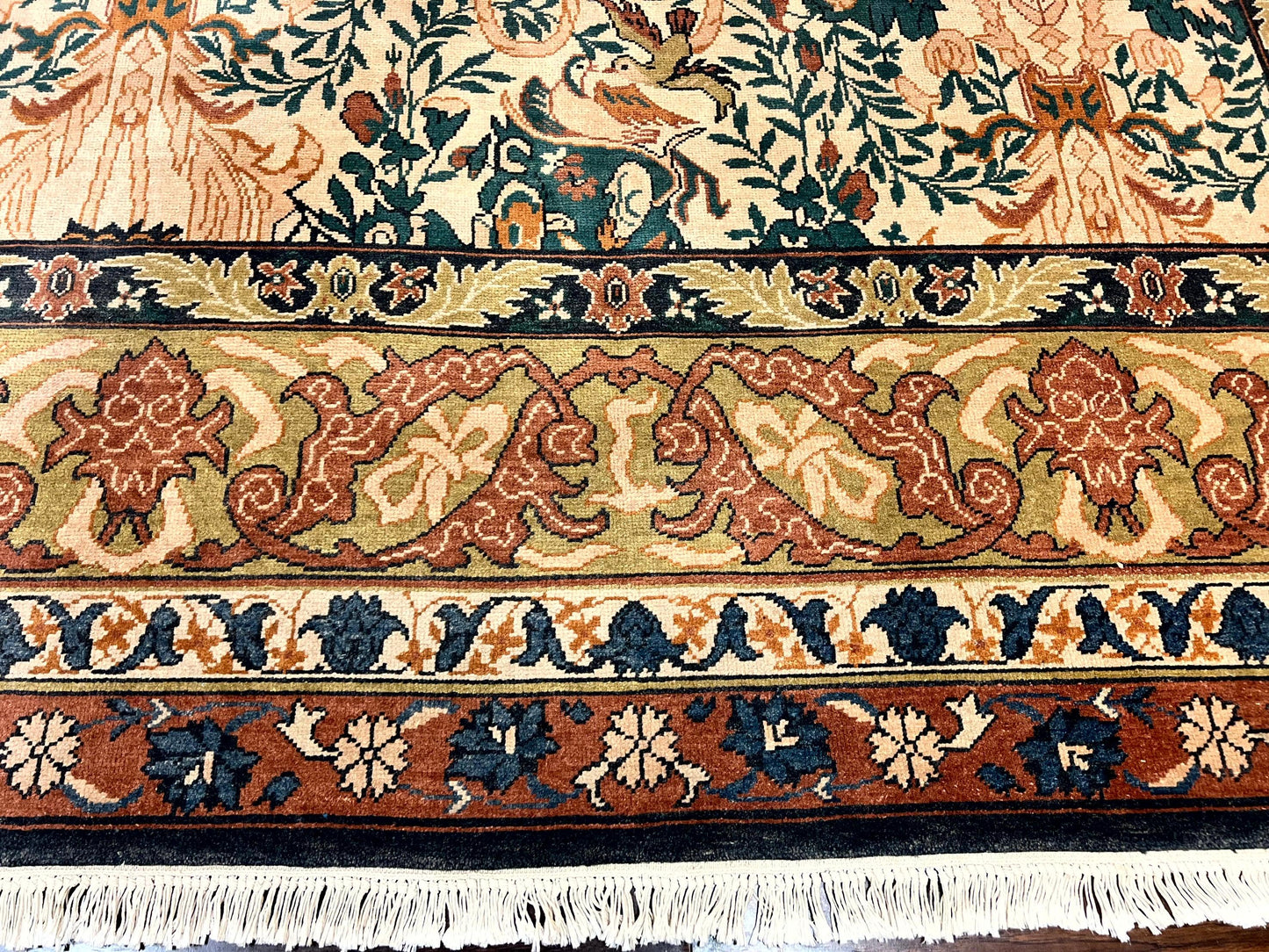 Handmade Vintage Wool Rug 10x13 Floral Birds Beige Couristan