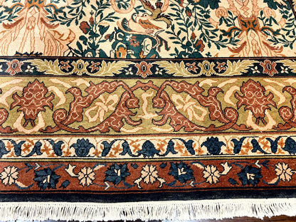 Handmade Vintage Wool Rug 10x13 Floral Birds Beige Couristan